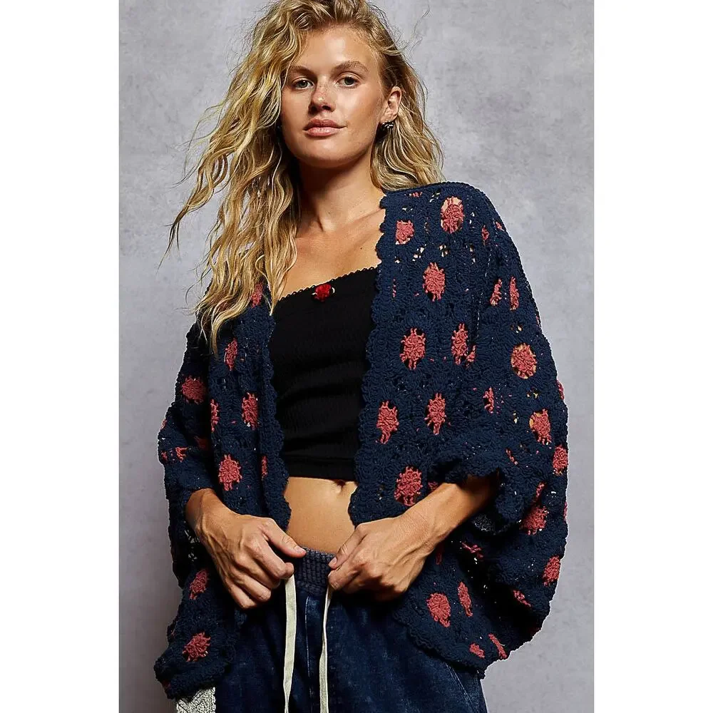 POL Relaxed Fit Batwing Chenille Crochet Cardigan - Blue and Red ONE SIZE